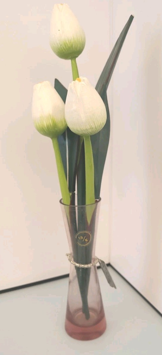 Vintage 3 Wooden Tulips Spring Bulb Flower In Handblown Pink/purple 5″ Vase.