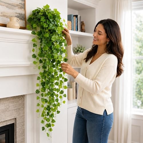 36in Fake Pothos Hanging Plants 2 Pack White Pots Artificial Ivy 168 Leaves