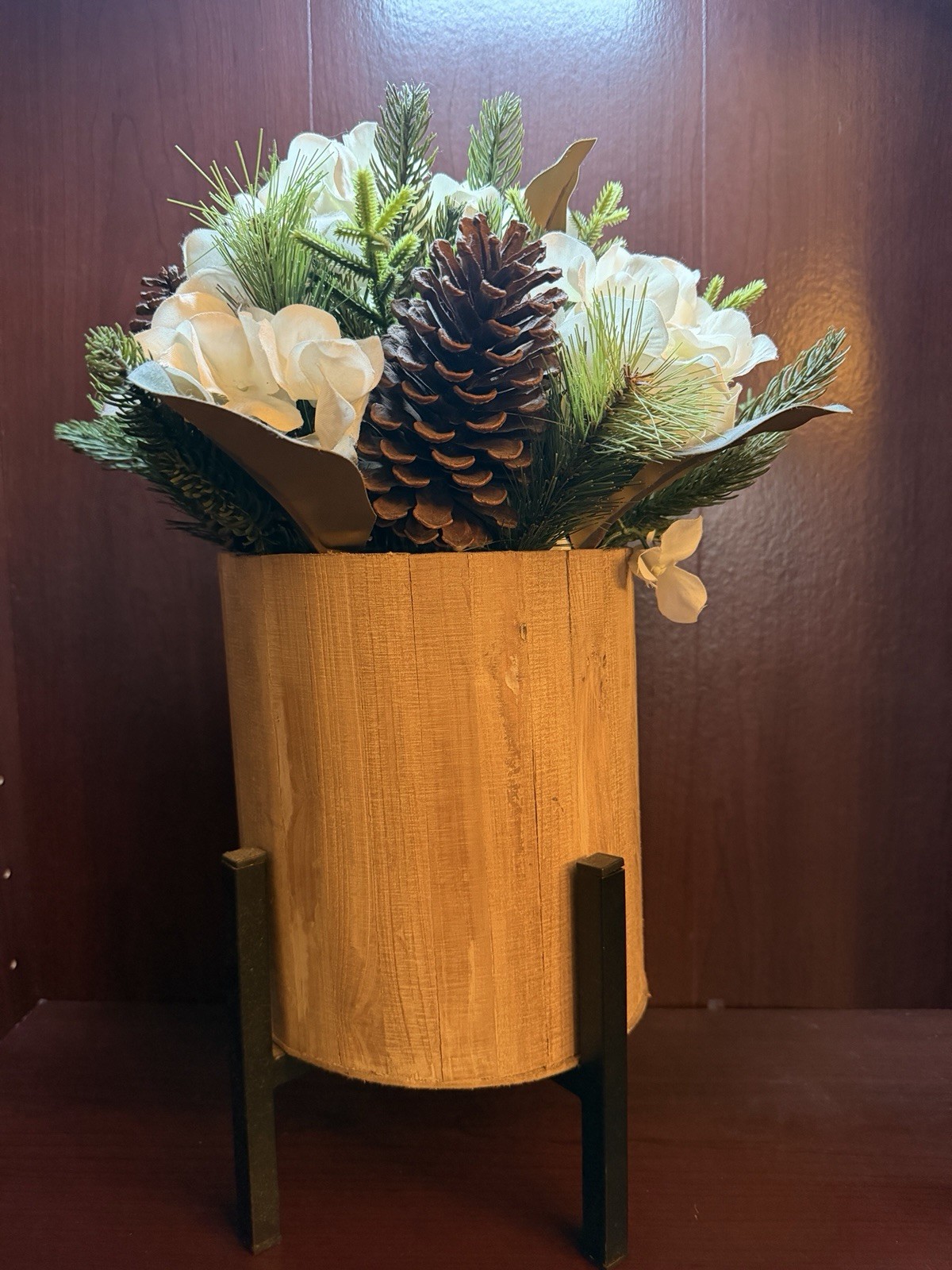 Artificial Pine Plant With White Flowers And Pinecones In Stand