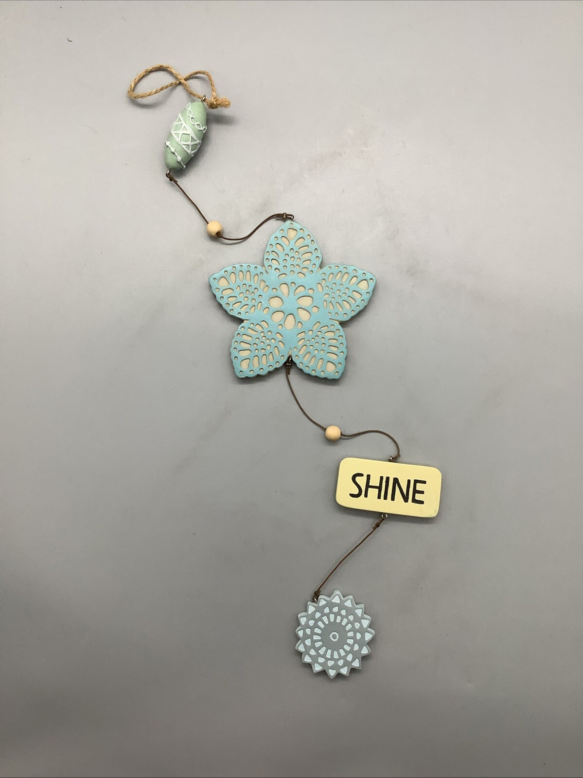 Teal Ceramic Flower & “Shine” Hanging Decoration for Outdoor or Home Decor USED