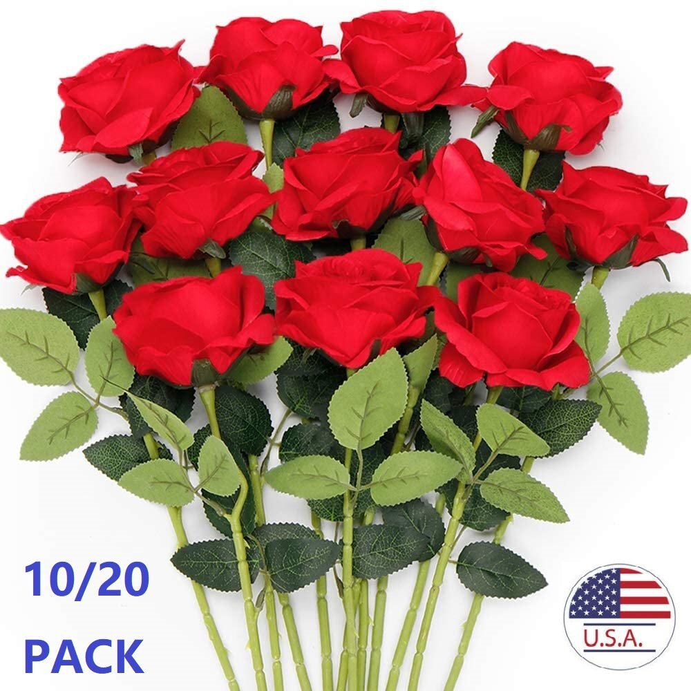 20Pcs Red Silk Roses Artificial Flowers Realistic Bouquet Home Decor valentine