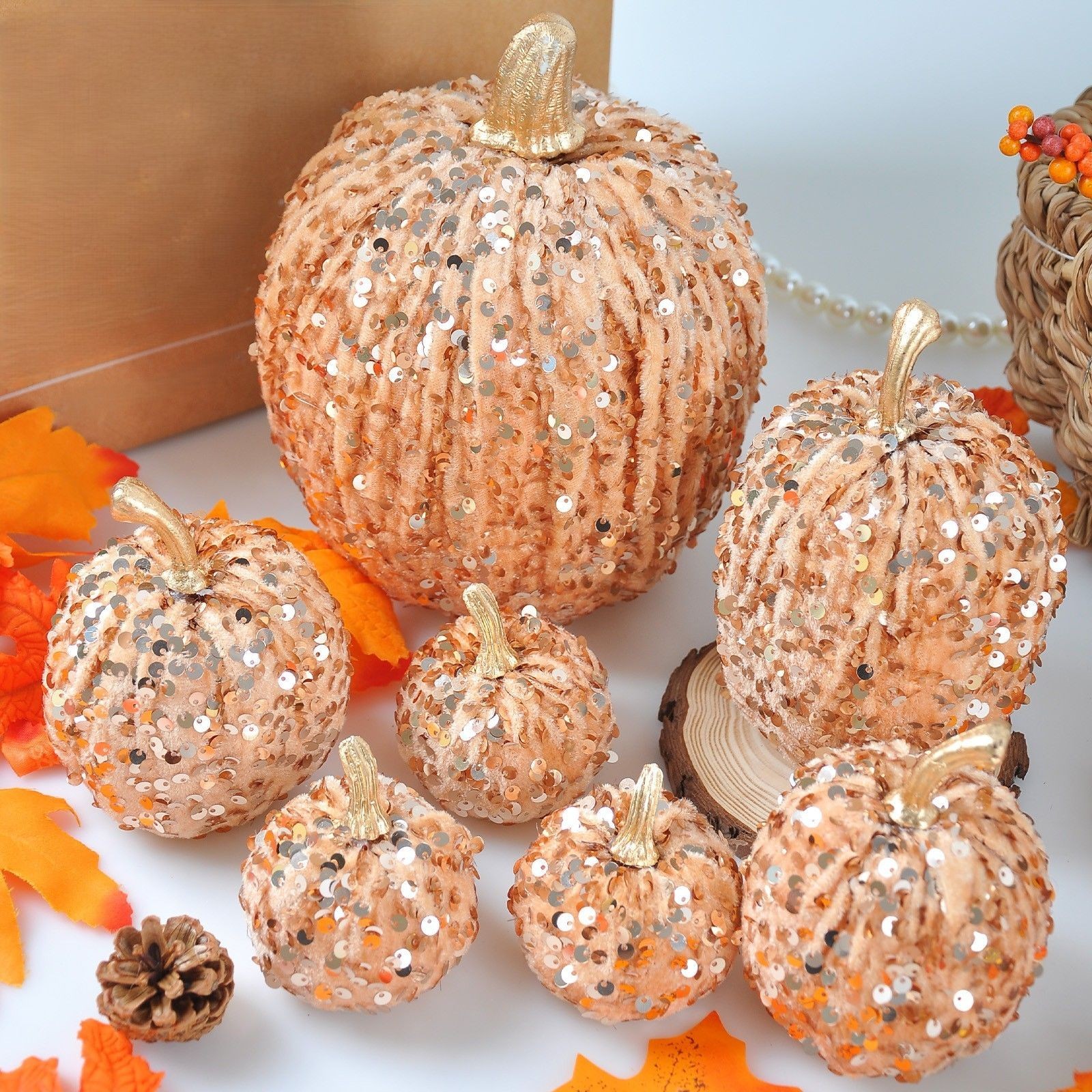 7 Pc Sequin Pumpkin Set Foam Core Plush Fabric Shimmering for Seasonal Display