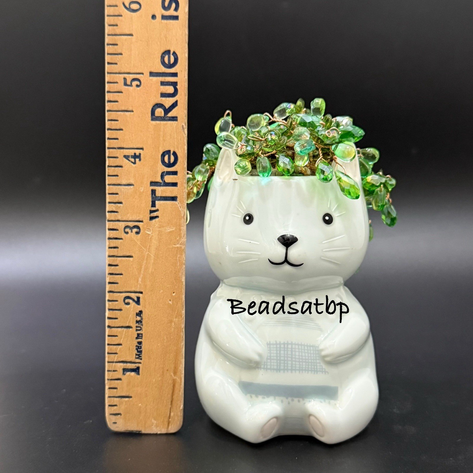 Handmade Beaded Forever Plant Crystal Teardrop Beads 4.5” Ceramic Bear Planter