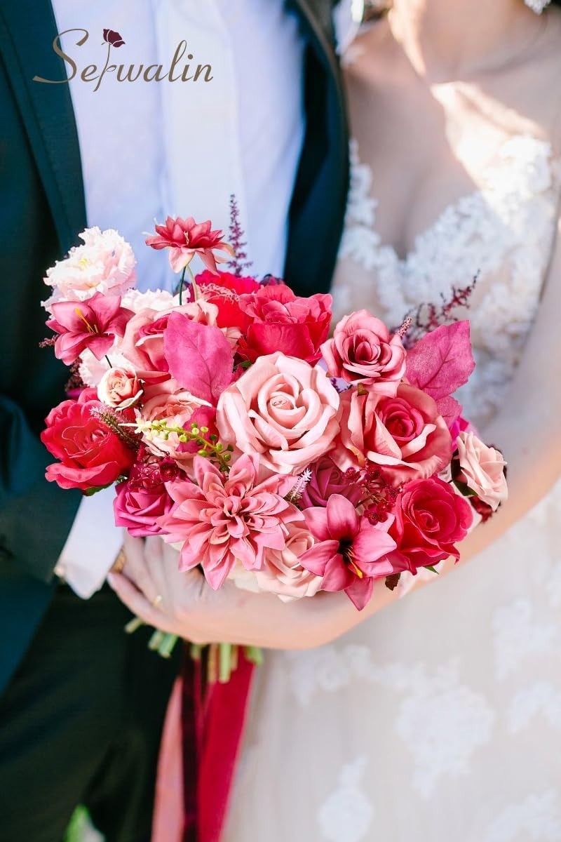 Artificial Flowers Hot Pink Silk Fake Flowers for DIY Wedding Bridal Bouquets