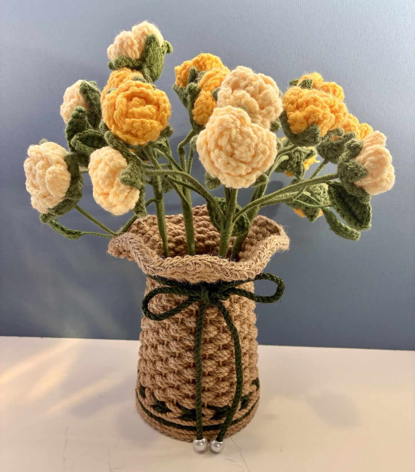 Hand Crocheted Yellow Rose Flowers in Hand Knitted Jute Basket 11”