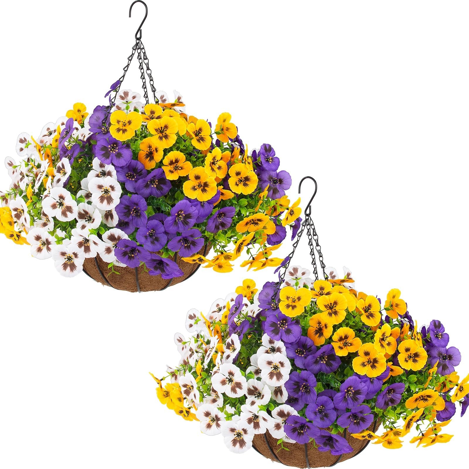 2 Sets UV Resistant Faux Silk Hanging Pansy Flowers with Baskets – 24 Pcs Outdoo