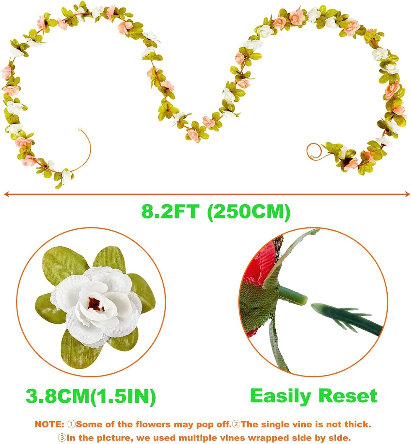 8 Pcs 8.2′ Artificial Rose Garland, Pink Flower Vine Faux Hanging Decor