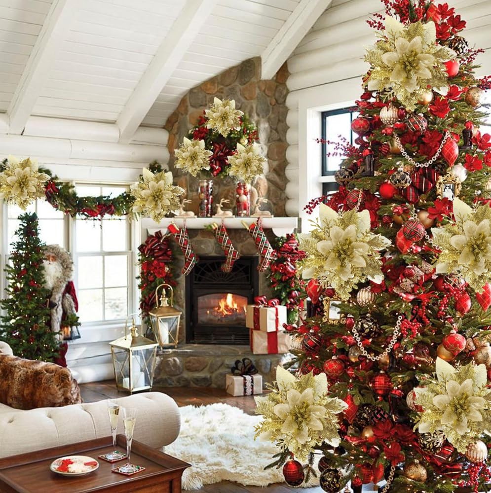 Artificial Poinsettia Flowers Clips Christmas Tree Glitter Ornaments 18 Pack