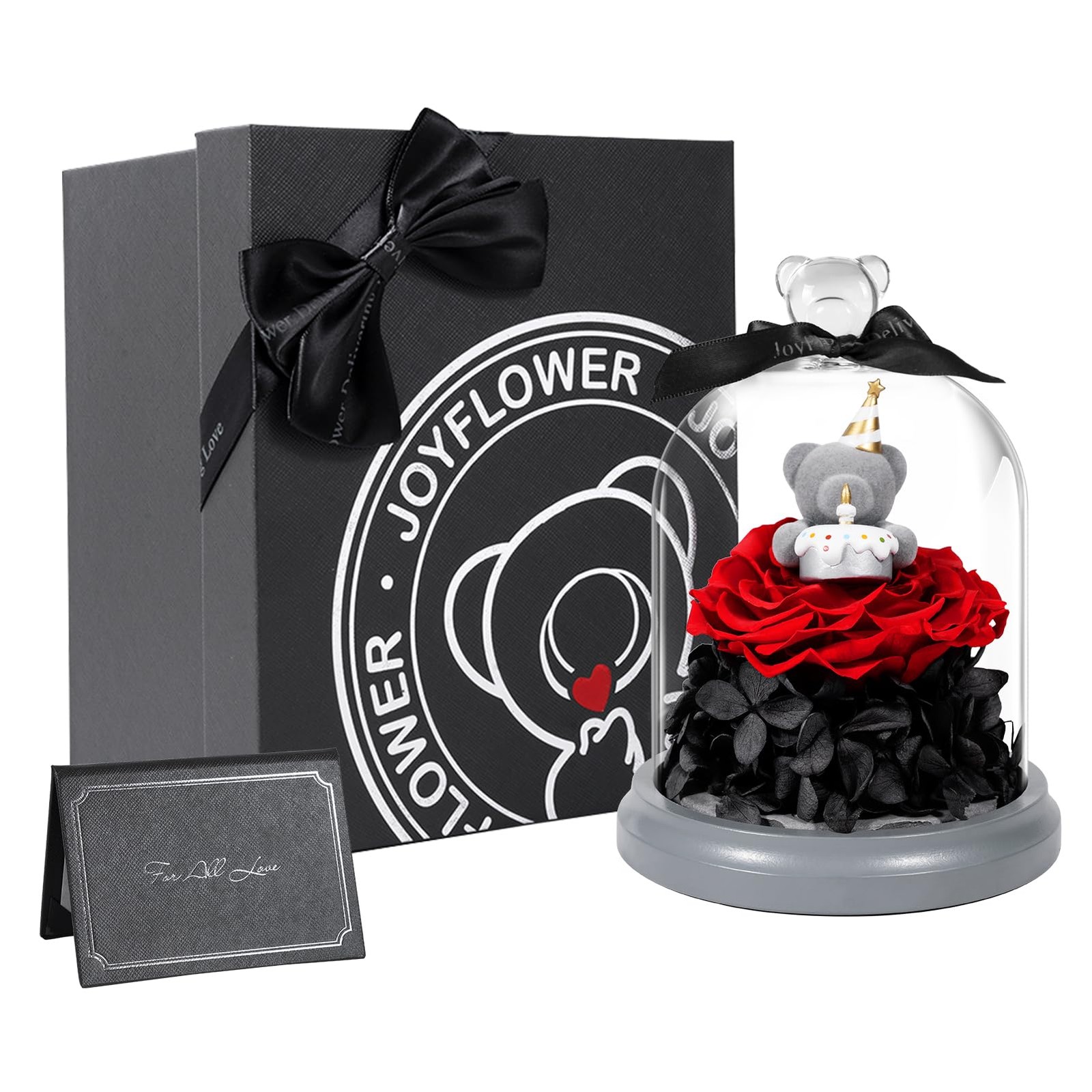 JoyFlower Preserved Flower Birthday Gift for Women, Red Preserved Rose Bear in