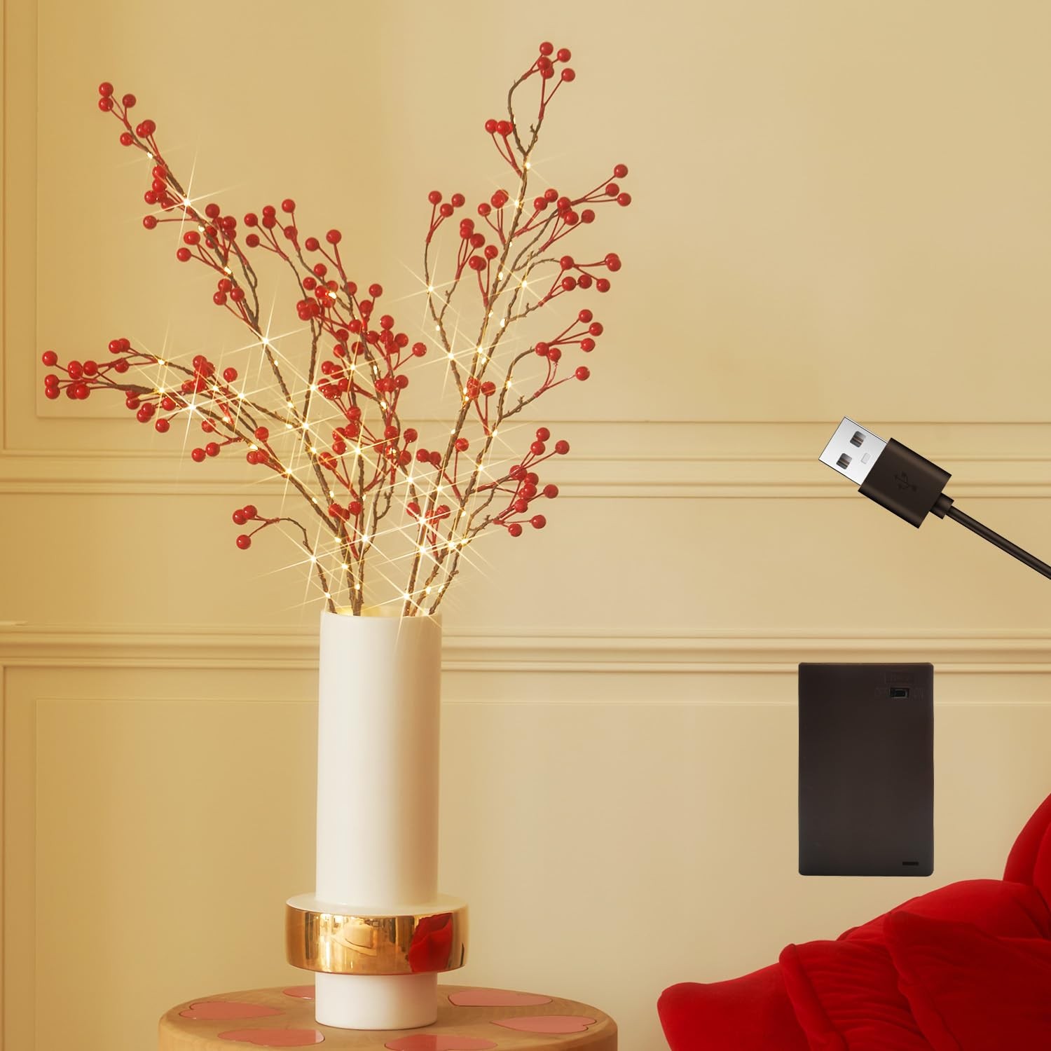 Red Berries Branch Lights Battery Powered Timer Artificial Willow 32 Inch 80