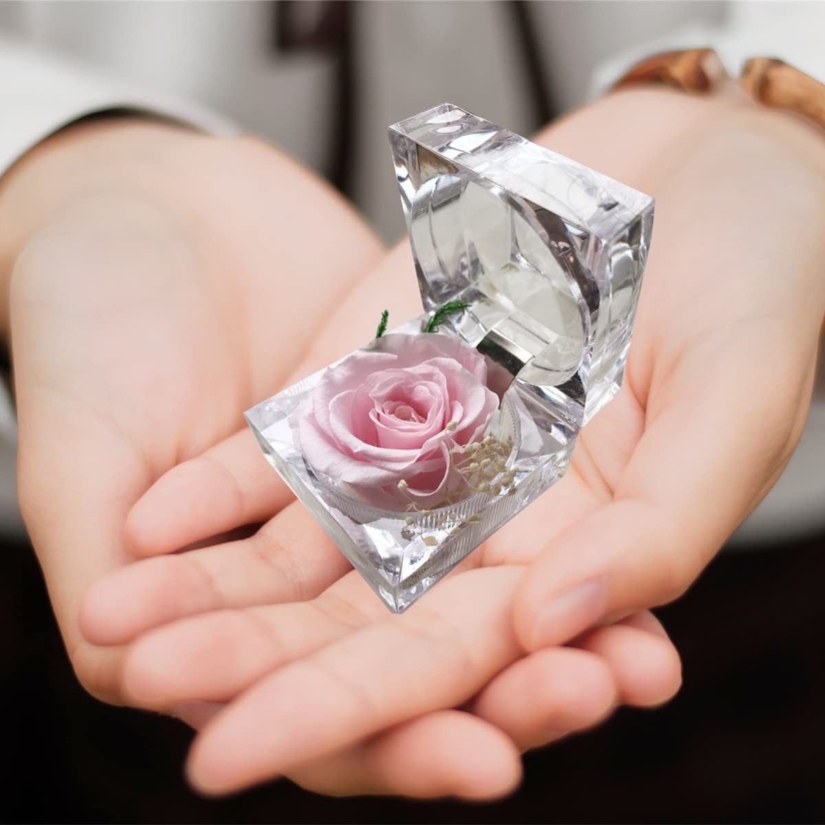 Preserved Rose Real Forever Rose in Mini Clear Ring Box, Eternal Flower Rose Gif