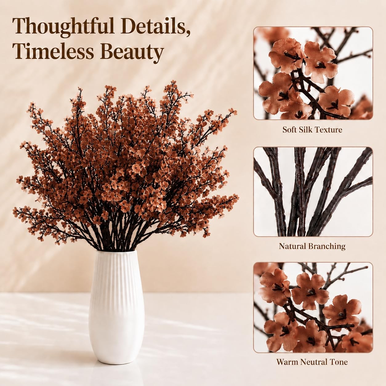 6 PCS Brown Artificial Babys Breath Flowers 18.5 Inch Silk Gypsophila Decor