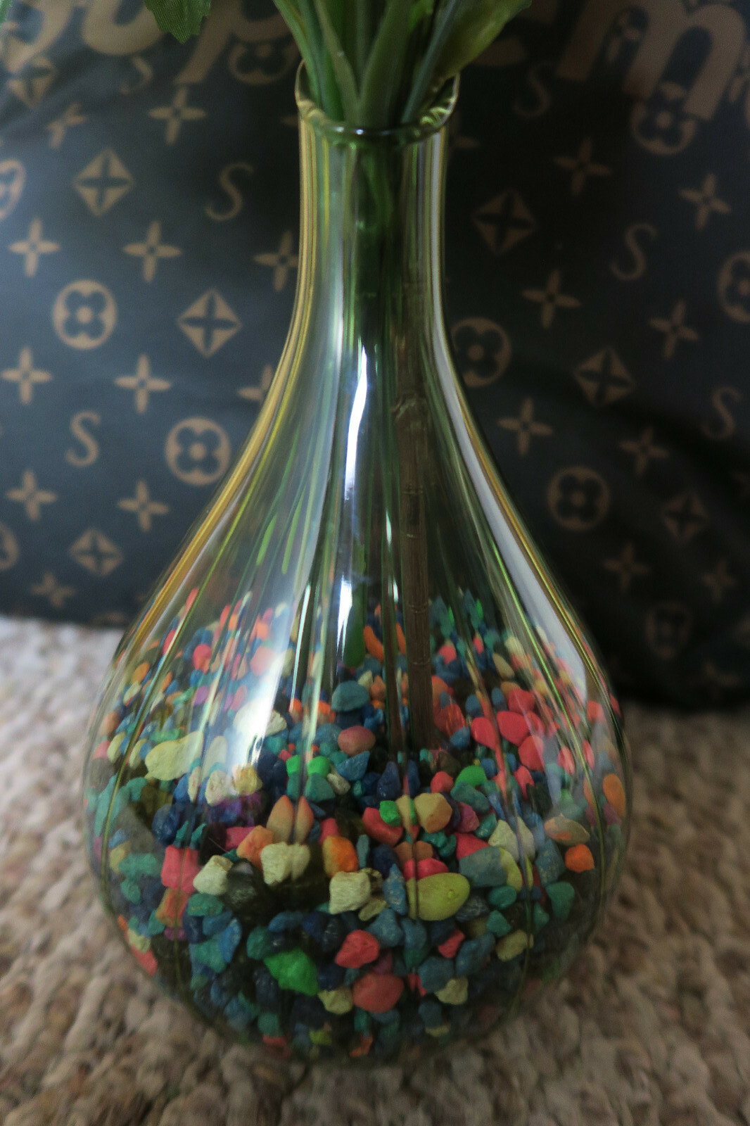 Artificial Flowers With Clear Vase And River Rocks