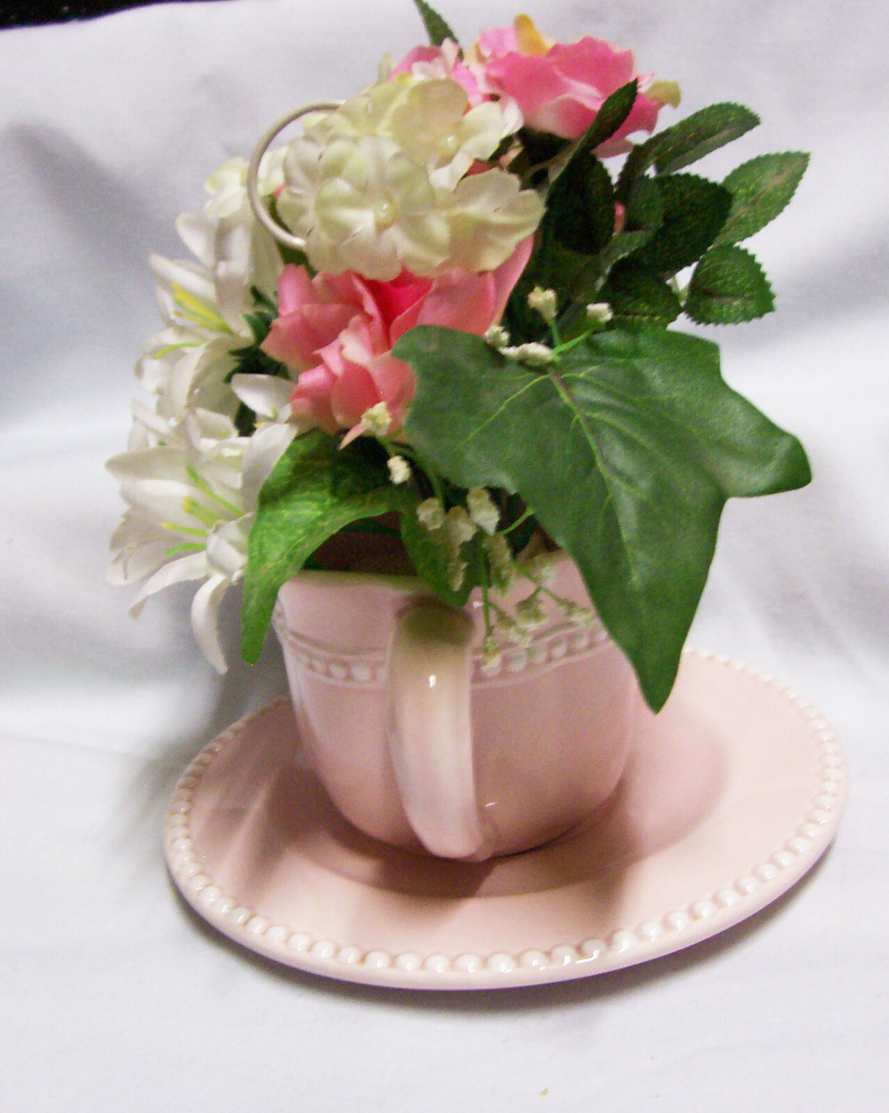 CUP & SAUCER SET FIGIS 3″ H Unique w/Artificial Pink & White Flowers 2009 (A1)