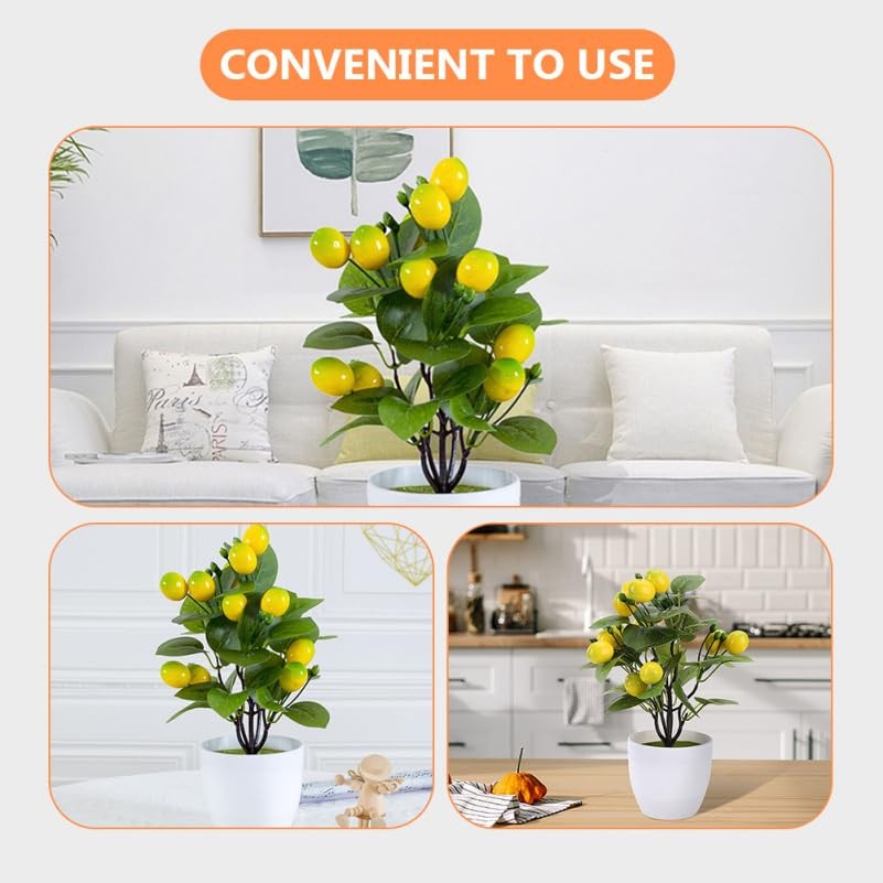 Artificial Mini Lemon Tree Potted Plant 2 PCS Faux Bonsai Decor Fruit Home