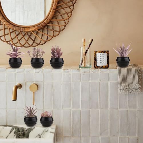 Set of 6 Fake Succulent Plants in Black Pot Artificial Pink Purple-black Pot