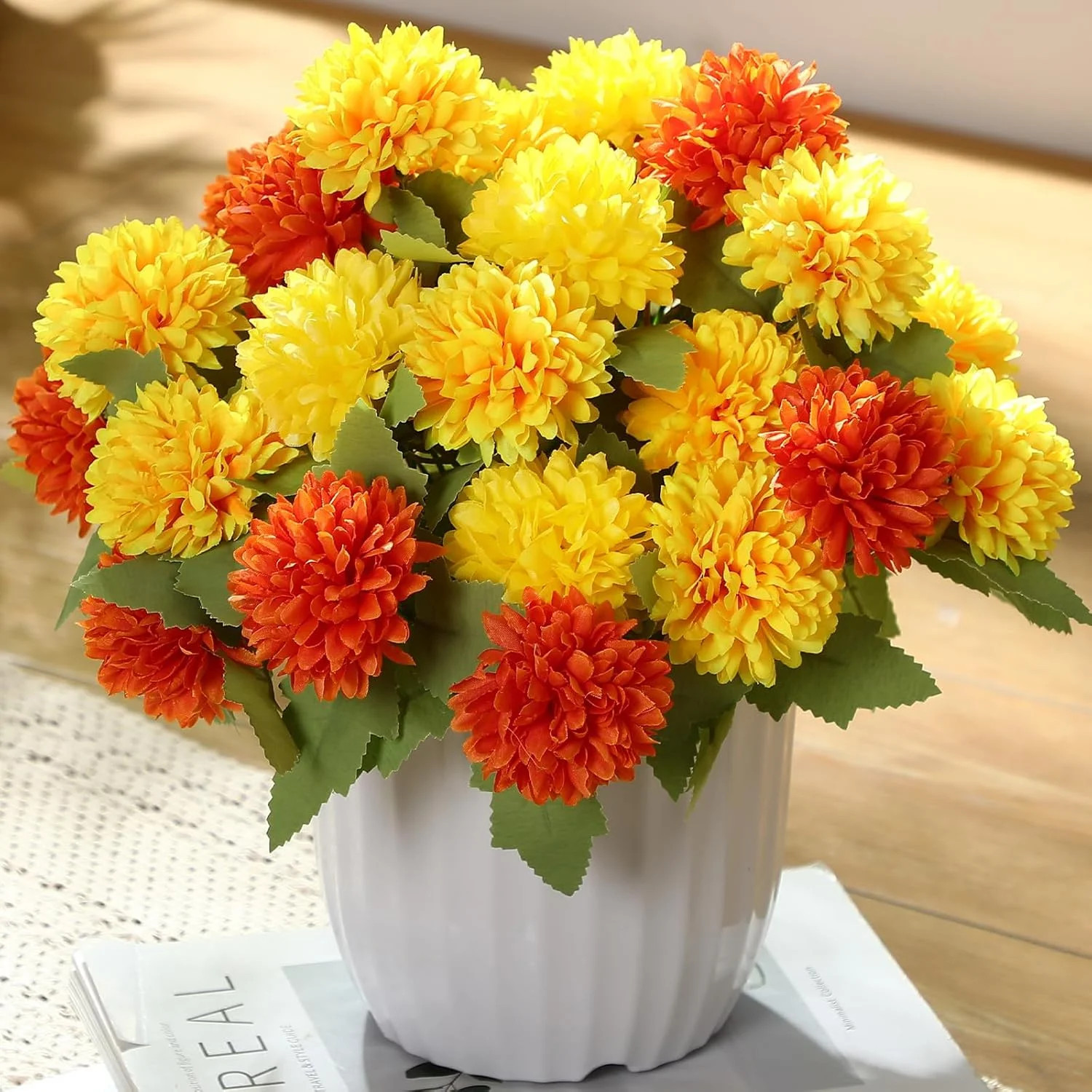 12 Pcs Fall Faux Chrysanthemums for Autumn Garden Decor – Light Yellow & Orange