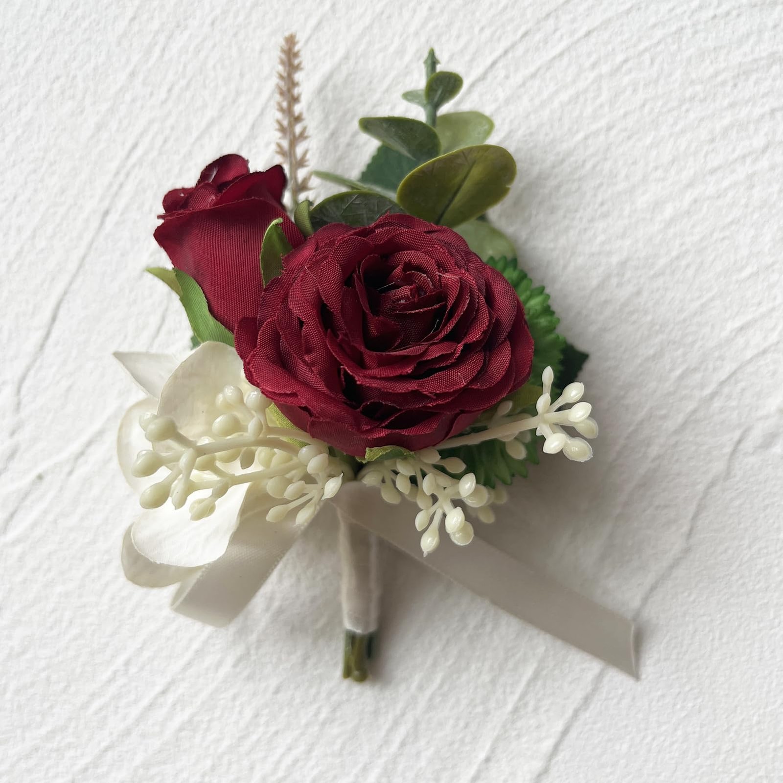 2 PCS Burgundy Artificial Wrist Corsage Boutonniere Set Groom Bride Prom