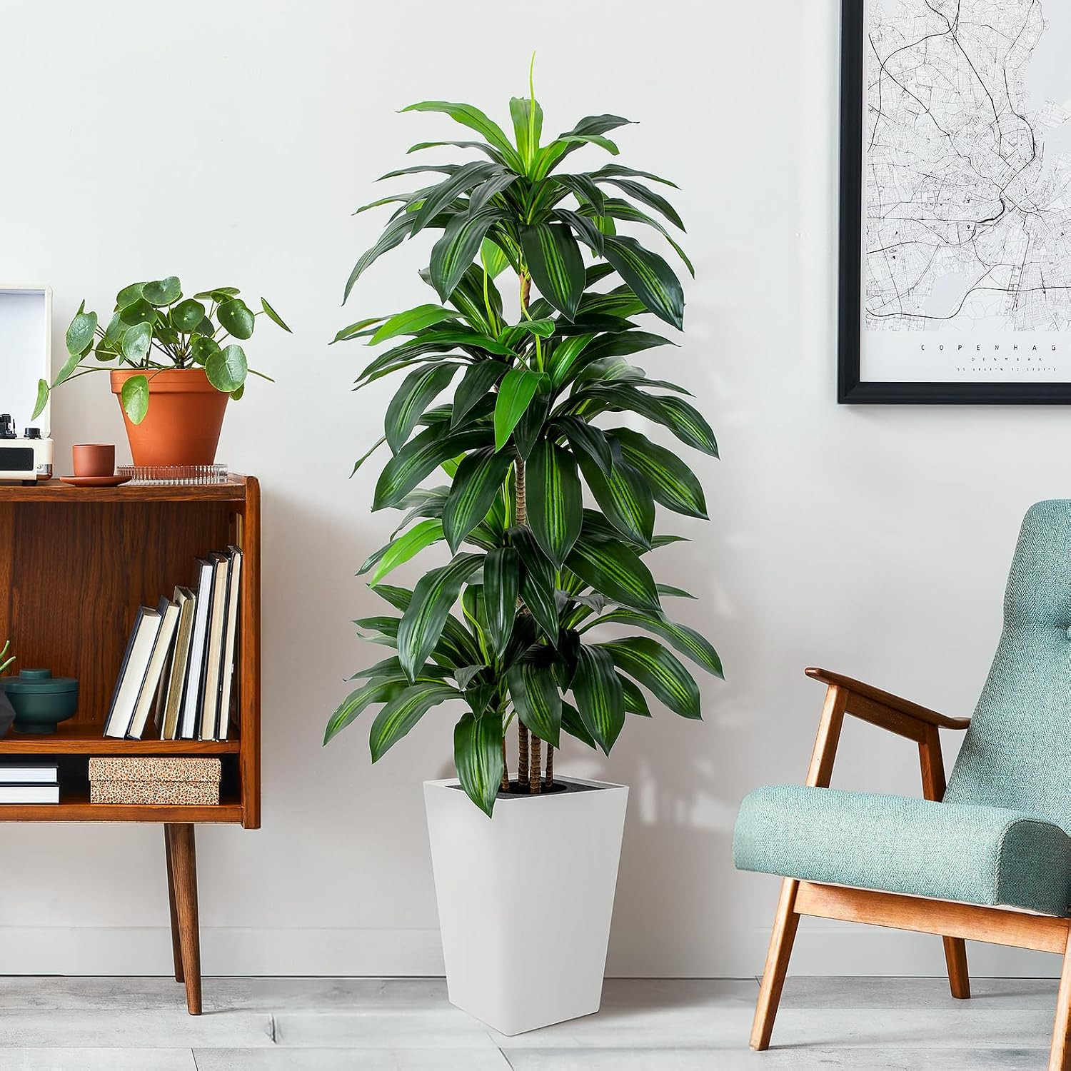 Artificial Dracaena Tree with White Tall Planter, 5Ft Tall Potted Artificial Dra