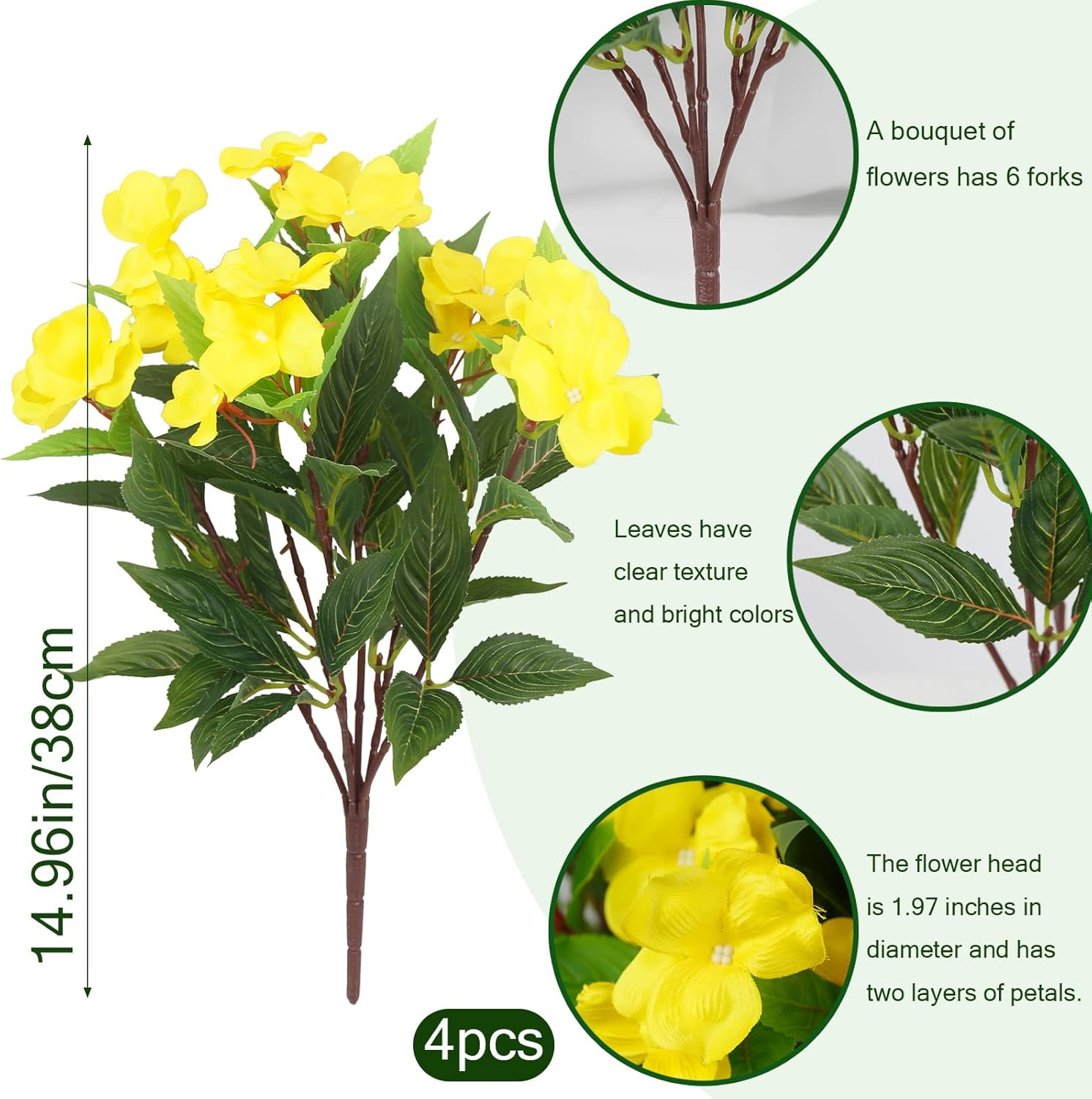 4 Pcs Artificial Impatiens Flowers for Outdoors Silk Impatiens Flowers Yellow