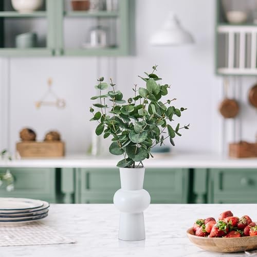 Artificial Arrangement in White Ceramic Vase, Realistic Look and Eucalyptus