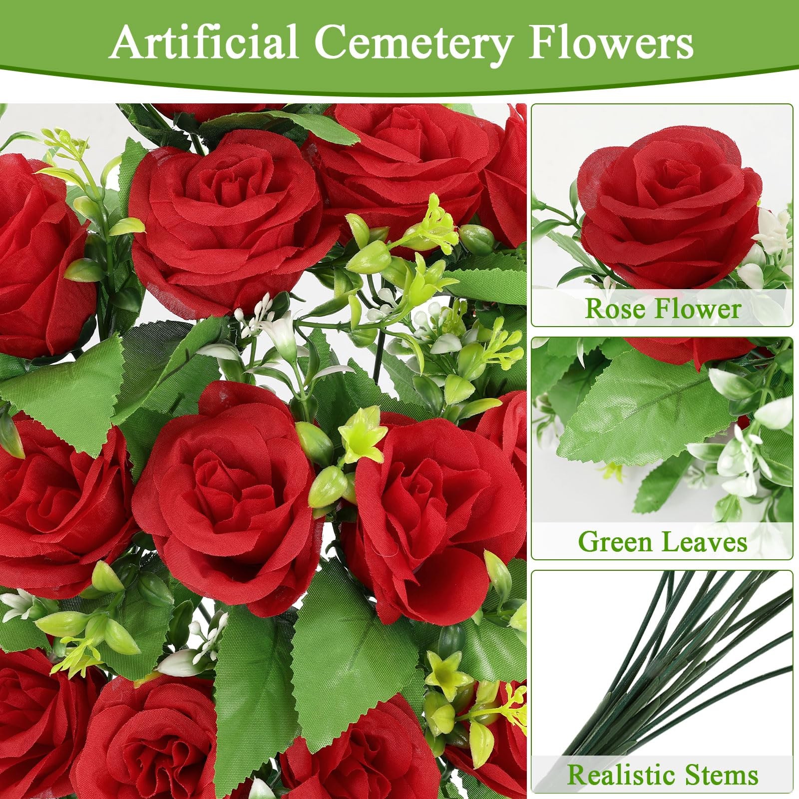 2Pcs Artificial Cemetery Flowers with Vase for Grave, Silk Memorial Day Rose …