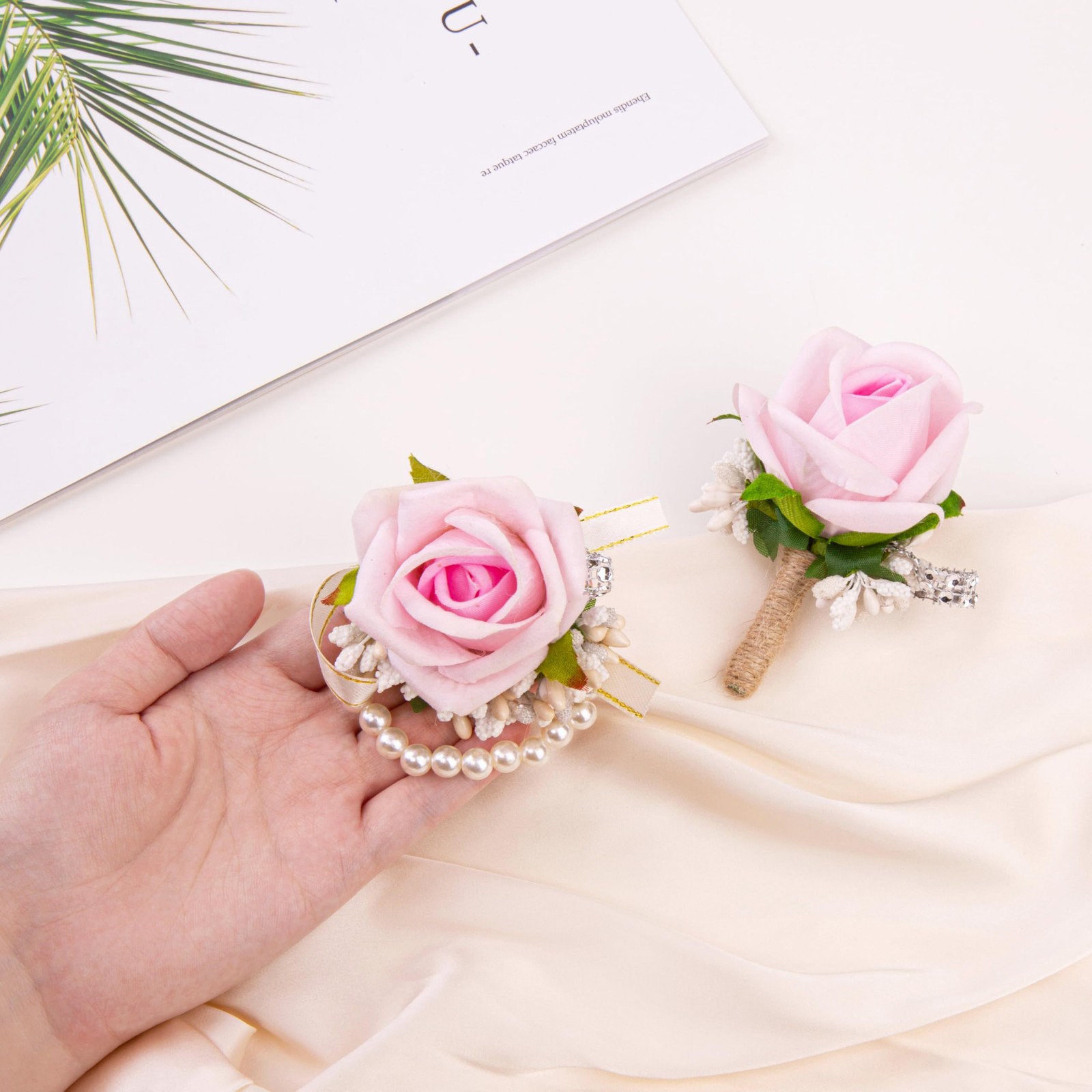 2 PCS Light Pink Corsage And Boutonniere Set Wristlet Prom Wedding Flowers