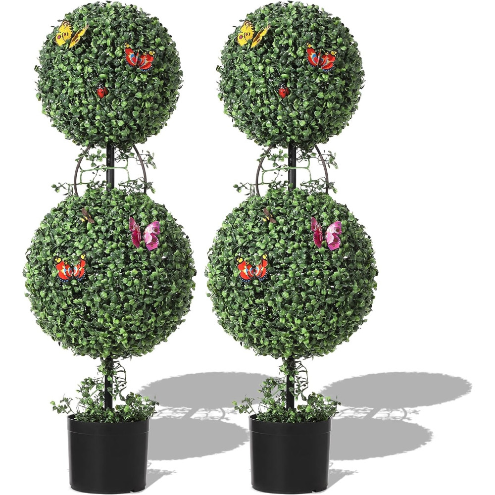 3FT Artificial Double Ball Topiary Trees 2 Pack W/ Pot & Moss for Outdoor Porch