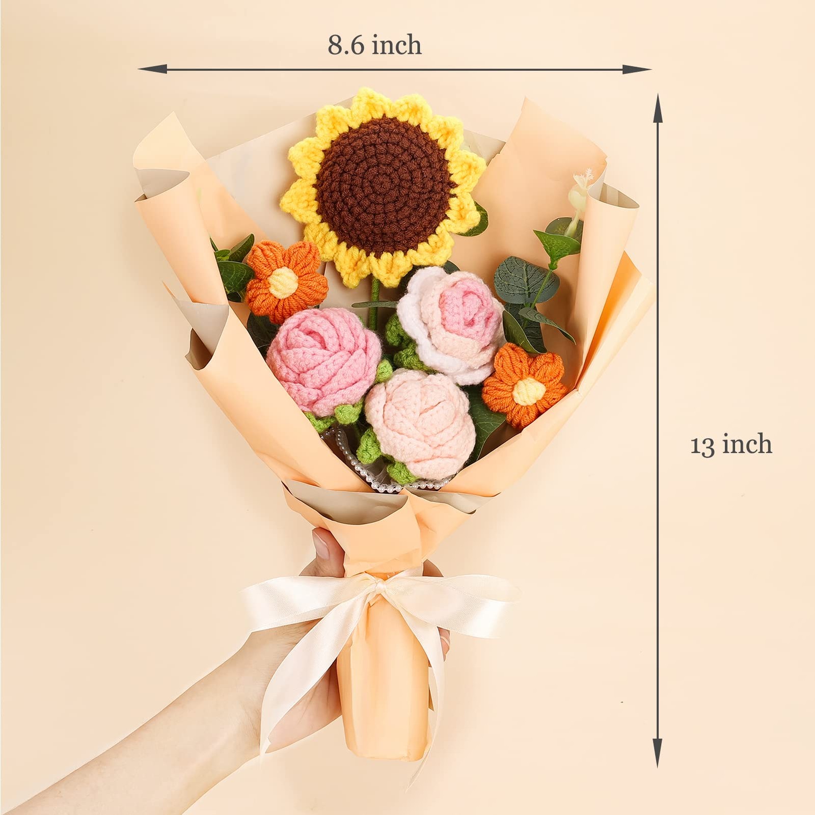 Completed Crochet Flower Bouquet, Orange Handmade Knitted Bouquet, Crochet Bo…