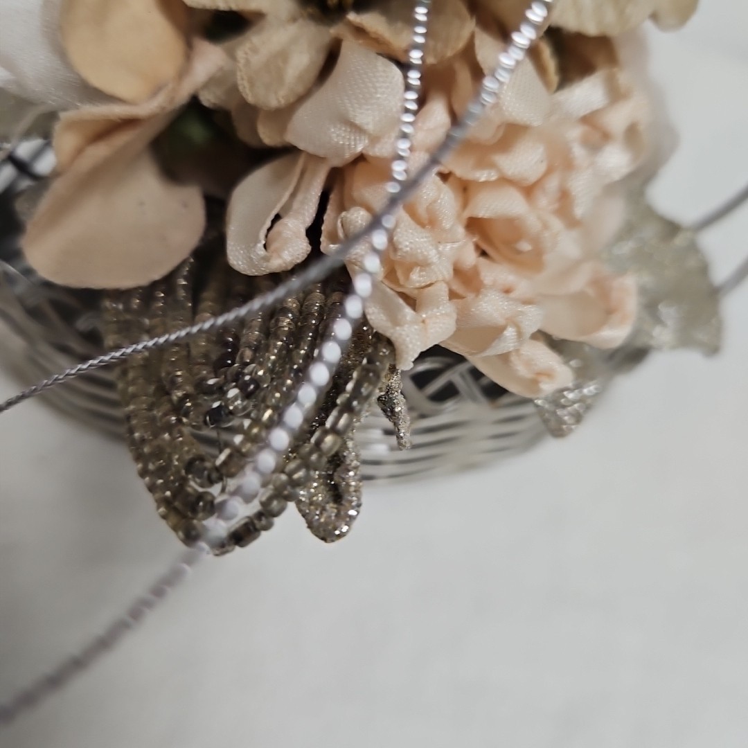 Silver Metal Flower Basket with Beaded Leaves & Velvet Flowers