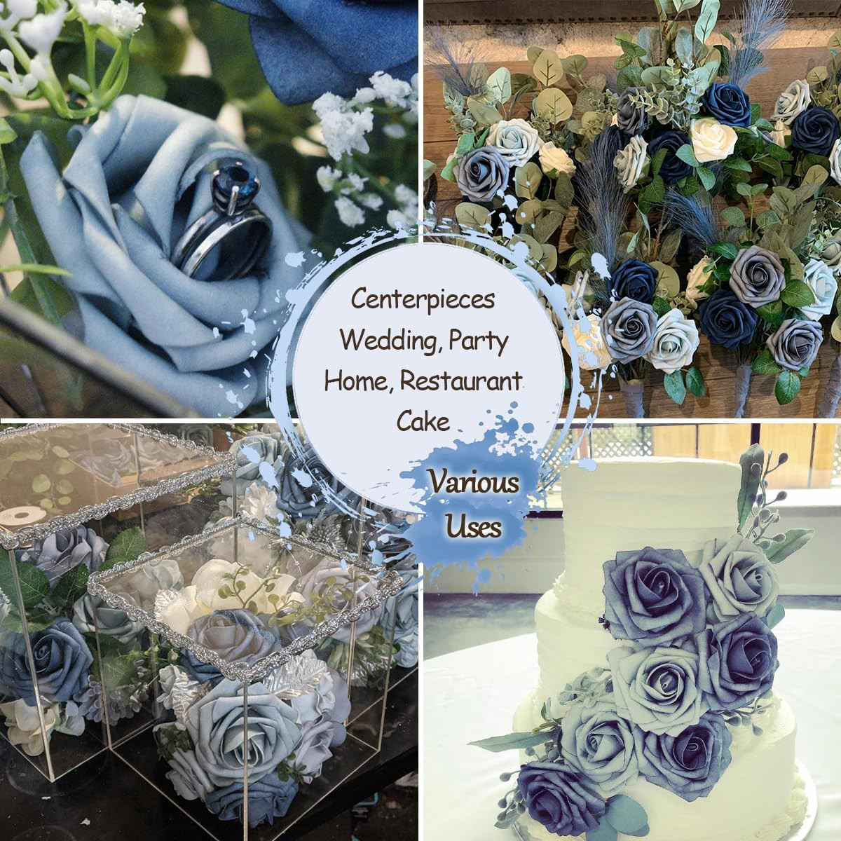 50PCS Light Blue Foam Artificial Roses with Stems & Leaves, Faux Wedding Bouquet