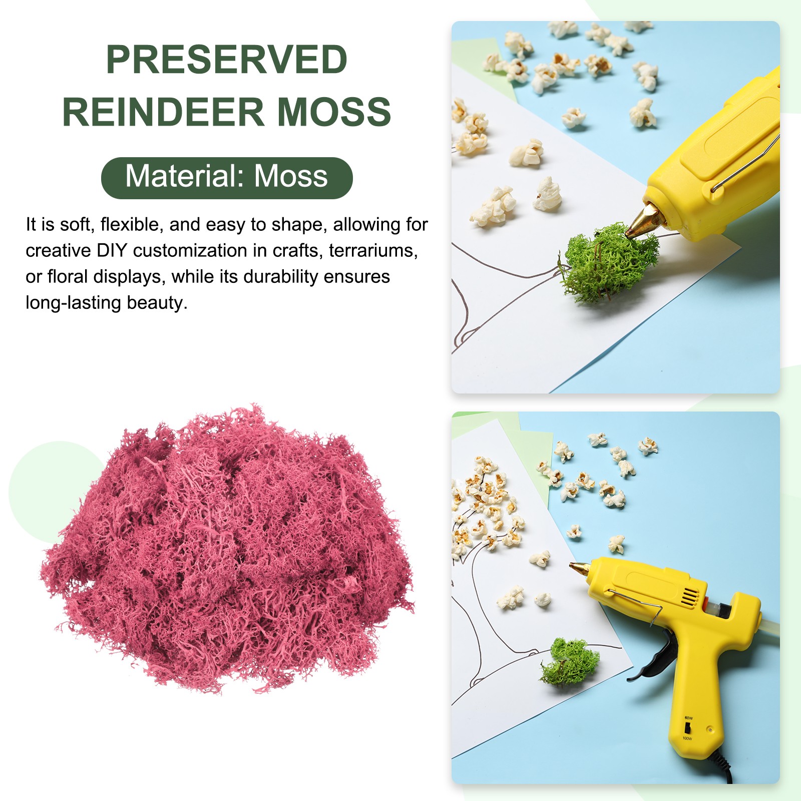 7.8oz Preserved Reindeer Moss, Dark Pink Decorative Artificial Fake Moss