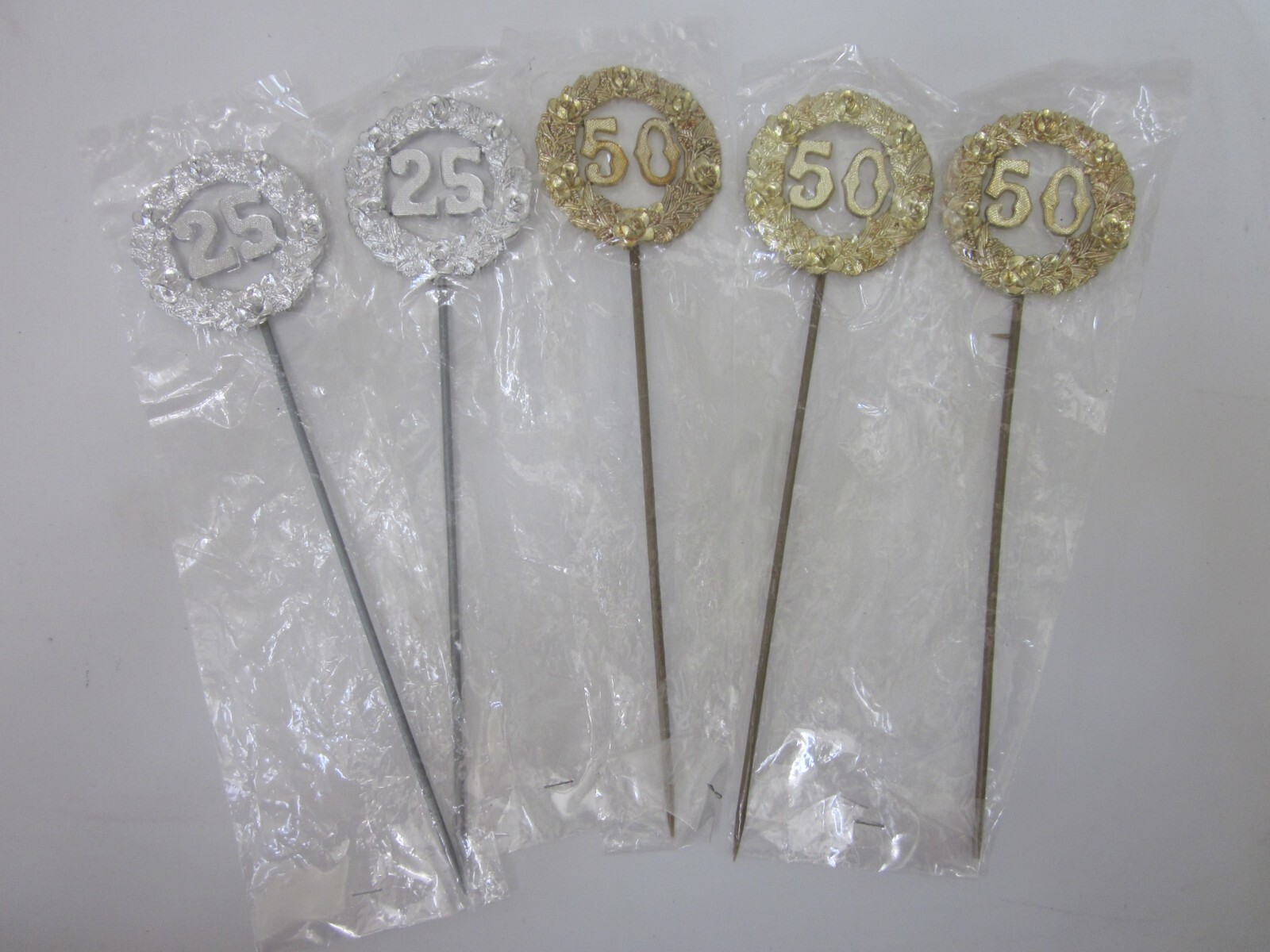 VTG NOS 5 pc Gold 50th & Silver 25th Anniversary Floral Picks Crafts KITSCH