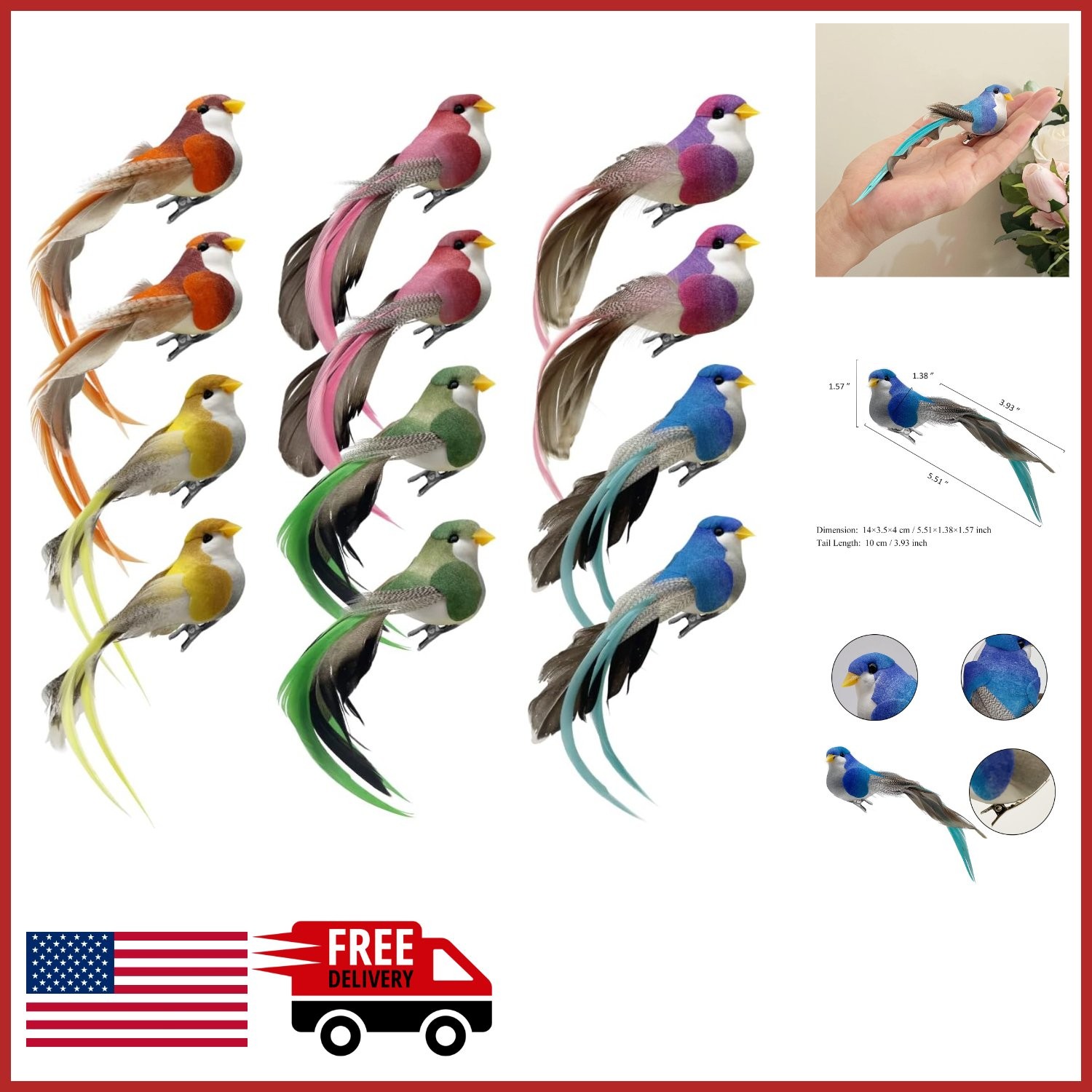Colorful Foam Birds with Metal Clip for Crafting and Home Decoration 12pcs