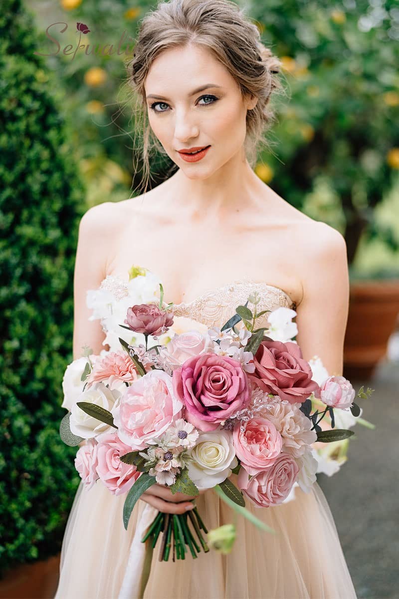 Artificial Pink Spring Roses Silk Fake Flowers DIY Wedding Bridal Bouquets