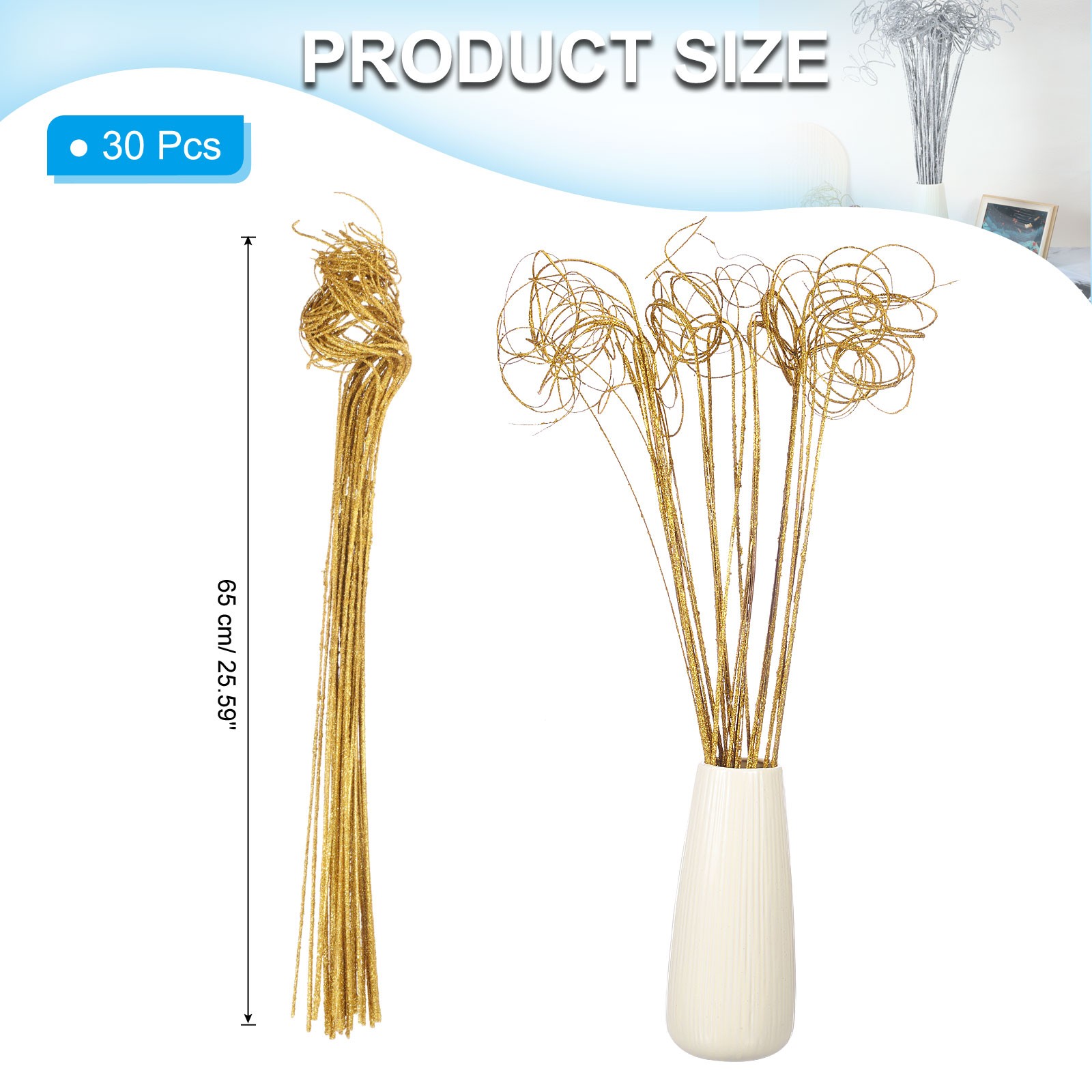 30 Pcs Glitter Dried Curly Willow Branches Natural Branches Twigs, Gold