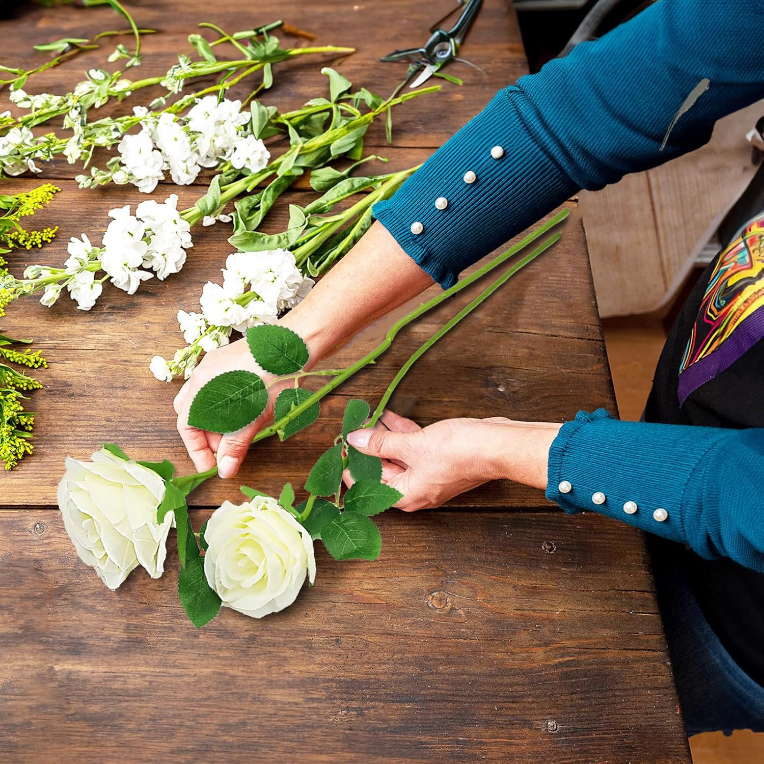 White Artificial Roses with Long Stems, 12Pcs Realistic Roses Artificial Flowers