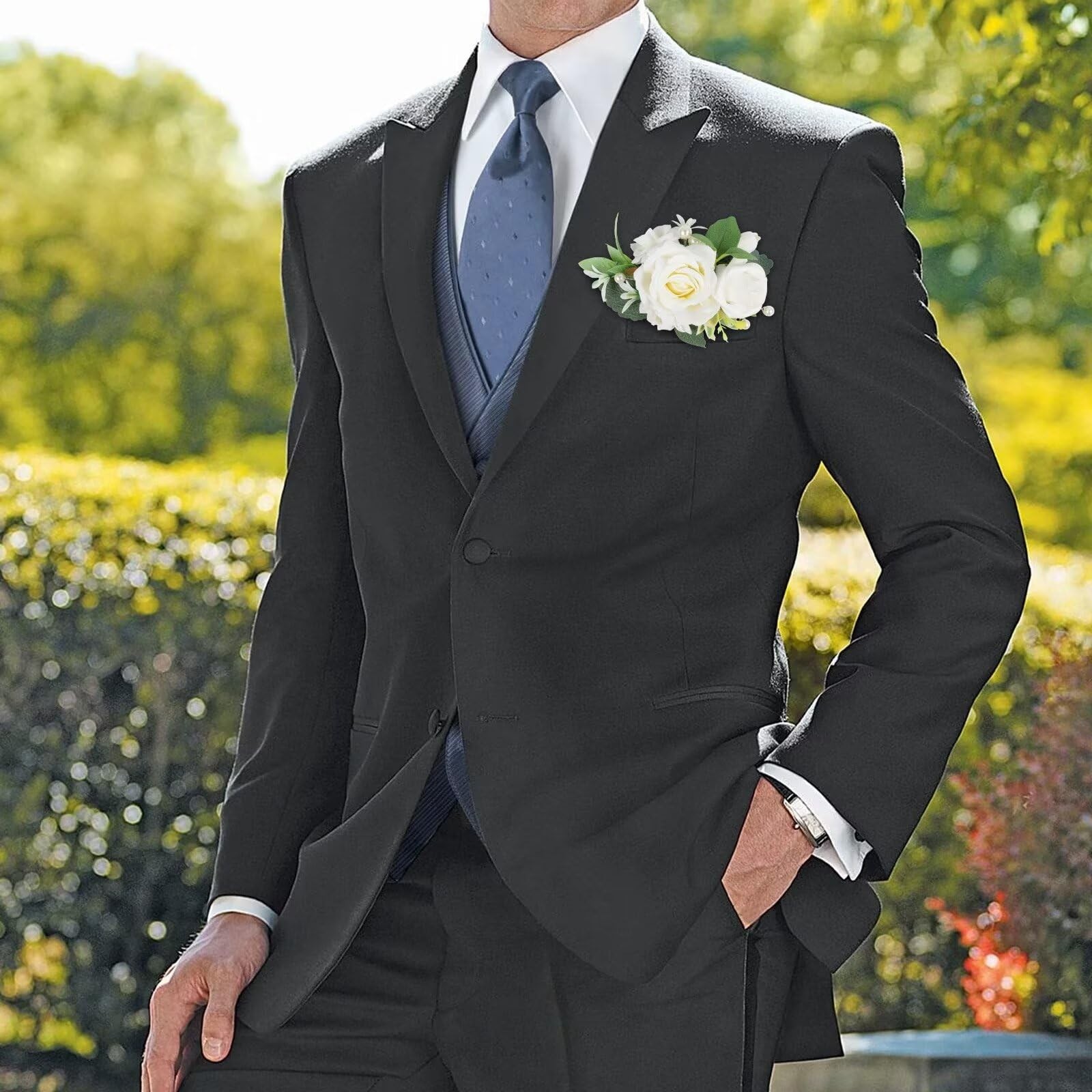 White Groom Pocket Boutonniere Artificial Square Flower Prom Wedding