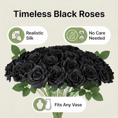 Bulk Black Silk Roses – 4″ Artificial Faux Flowers with Stems for Wedding Decor,