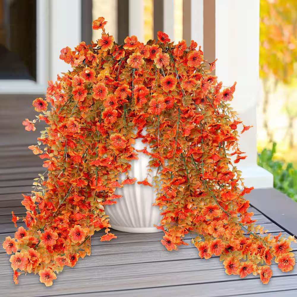 5 In. H Orange Artificial Hanging Fall Flowers 4-Pieces Fake Mums for Outdoor UV