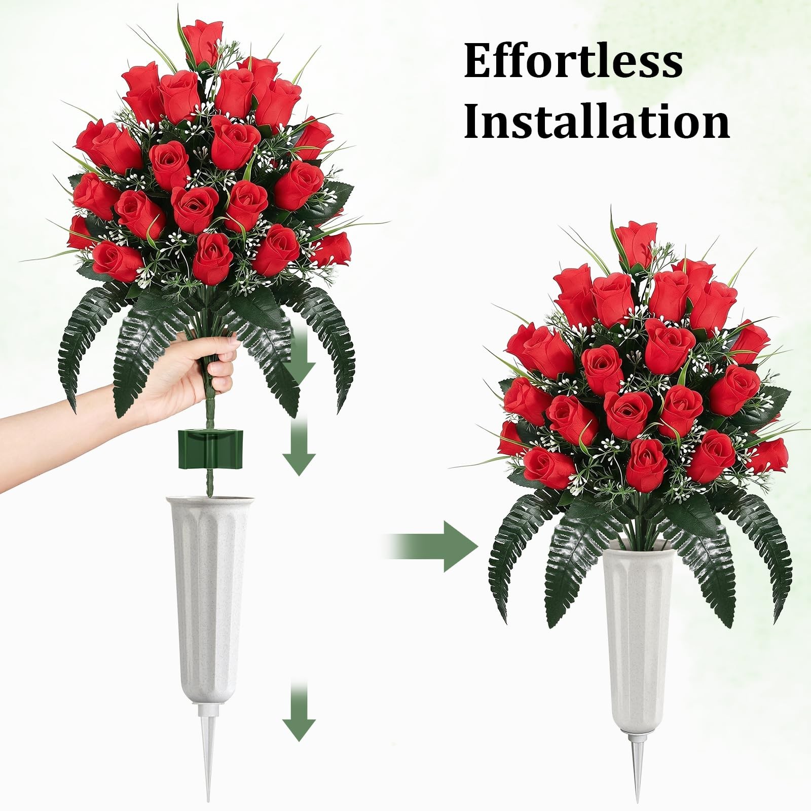 Lewondr Artificial Cemetery Flowers with Vase, 2 Sets Outdoor Grave Decoratio…