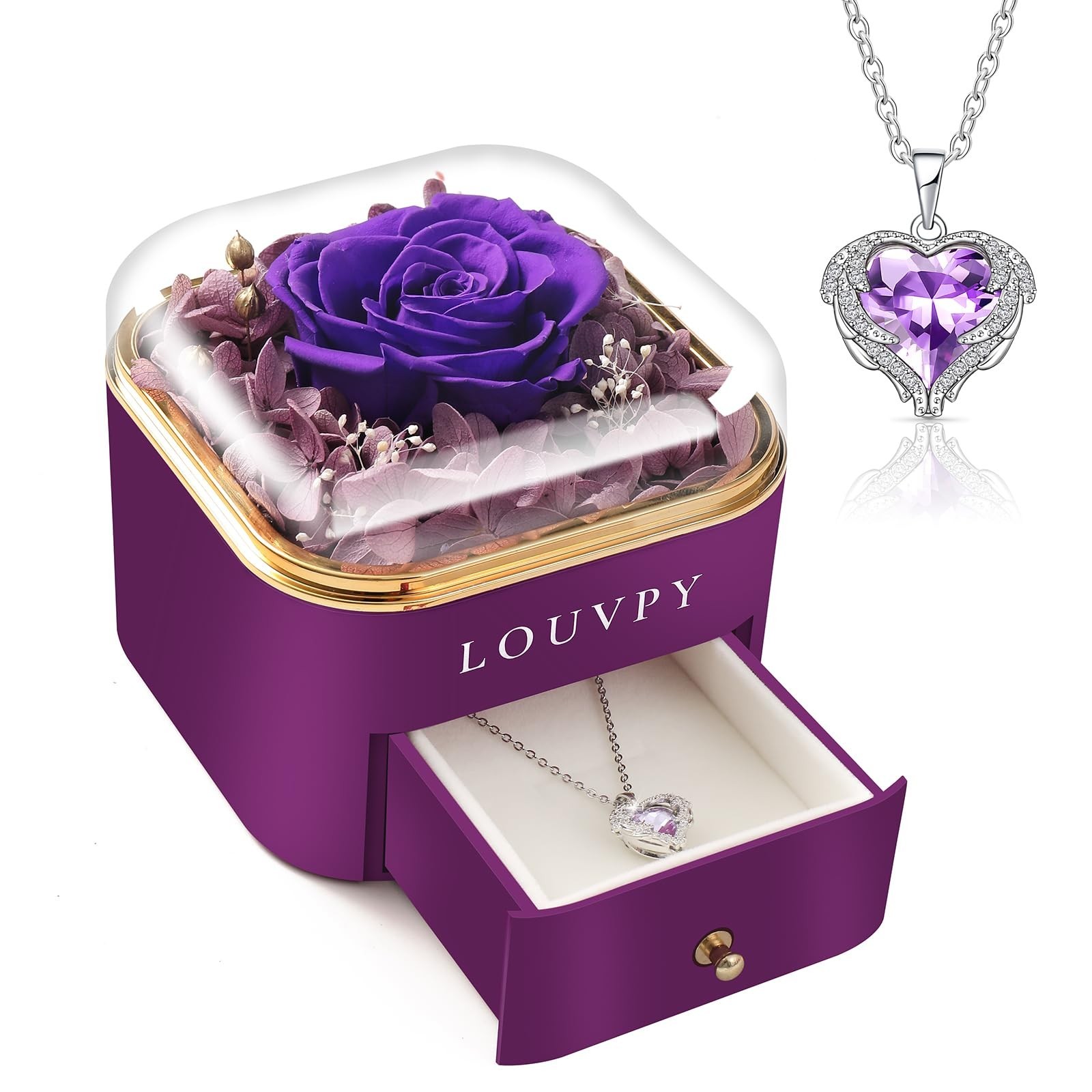 Gift for Girlfriend- Valentine Purple Eternal Rose Box with Necklace, Anniver…