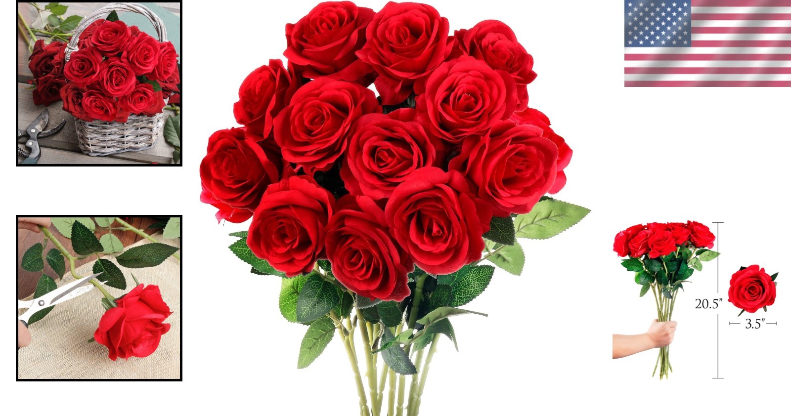 Realistic 12PCS Red Silk Roses with 20.5″ Stems for Stunning Weddings & Decor