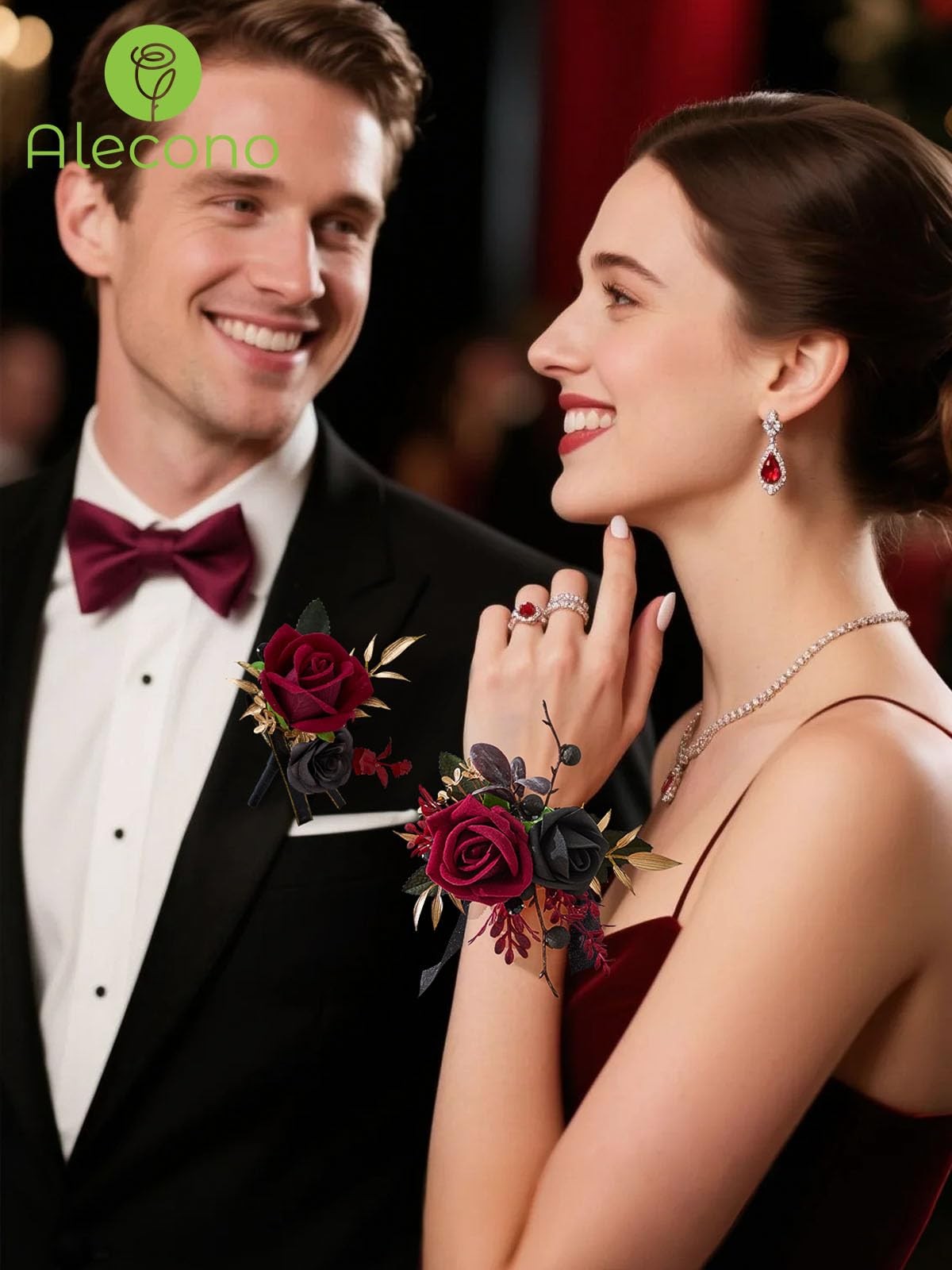 Burgundy Red Black Rose Corsage Wristlet And Boutonniere Set Wedding Prom