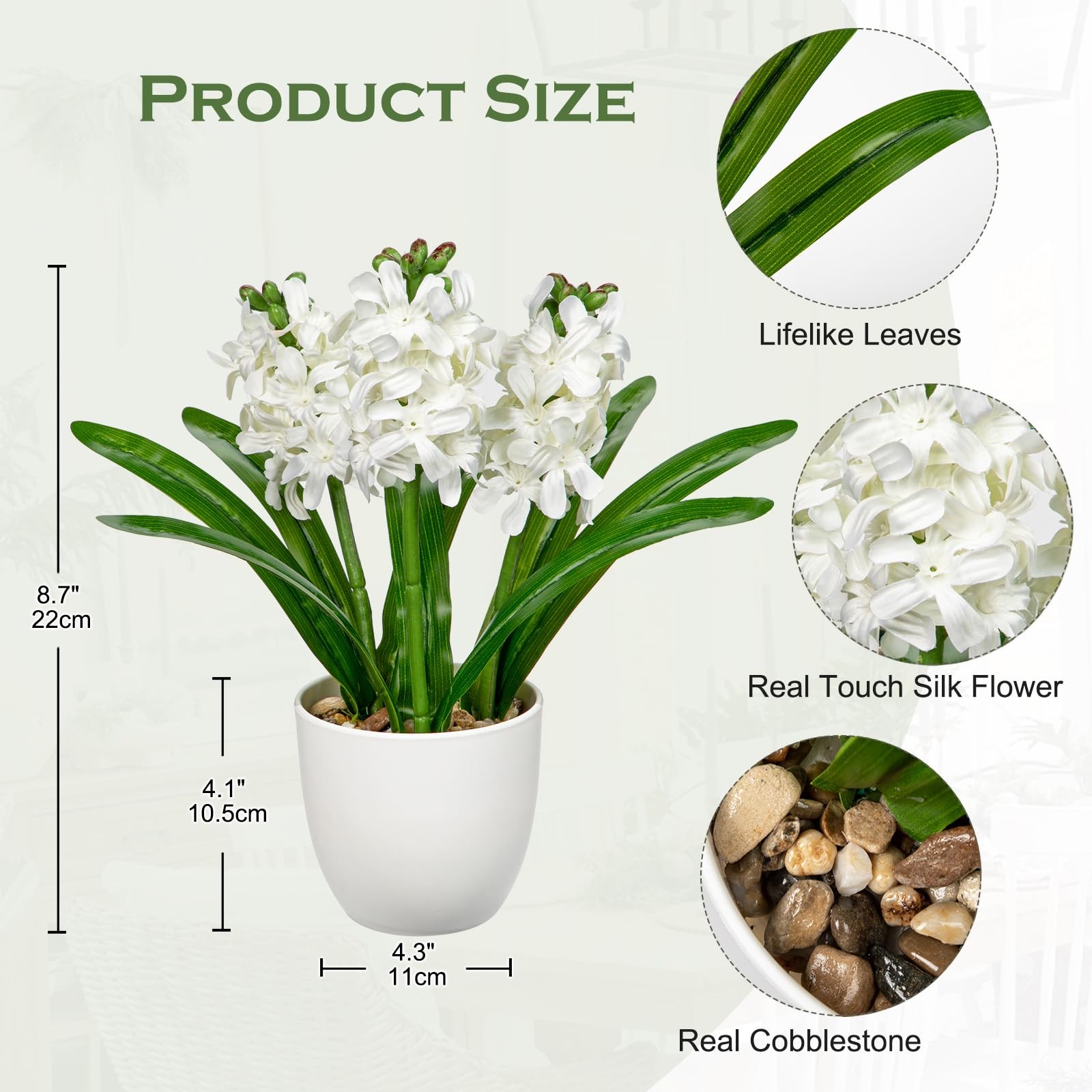 White Artificial Hyacinth Silk Fake Faux Flowers In Vase Pot 8.7 Inch