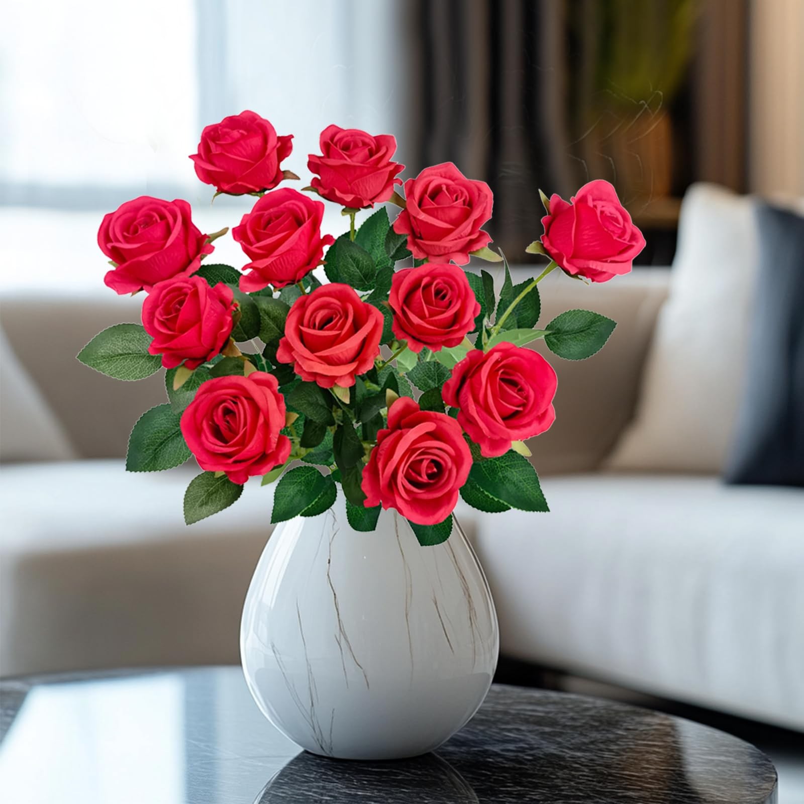 12PCS Fake Red Roses Artificial Red Flowers Bulk, Silk Faux Roses with Stems for