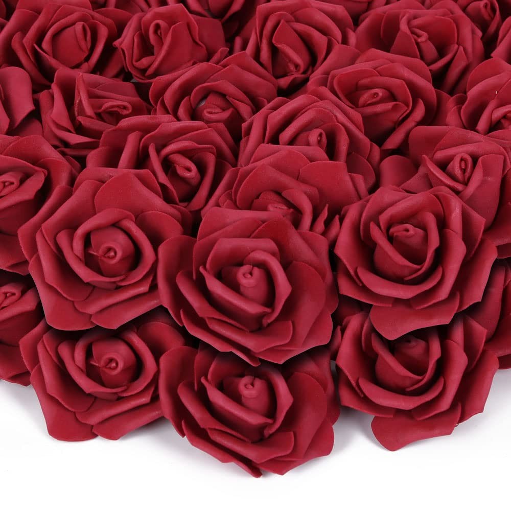 200pcs Burgundy Artificial Foam Rose Flower Head, 3-Inch Fake Flower Heads St.