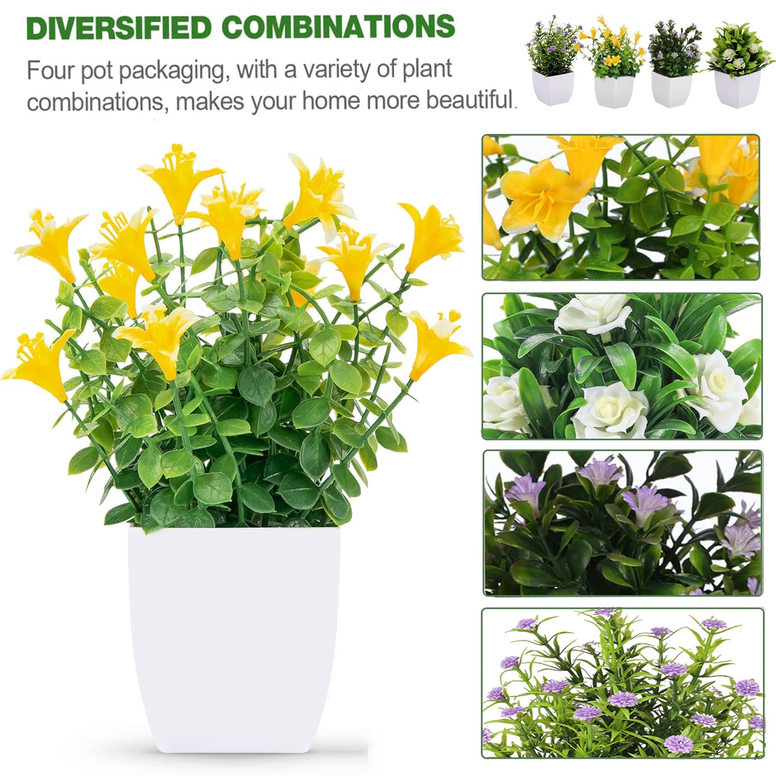 4 Pack Fake Plants Small Artificial Potted Faux Plants with Flowers Office Decor