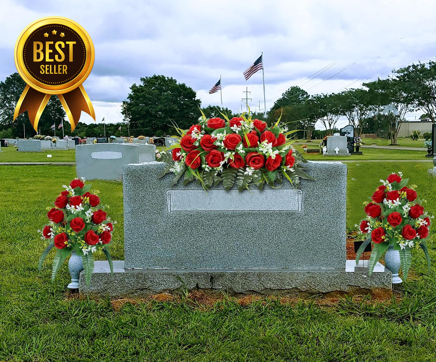 2 Sets Artificial Cemetery Flowers Grave Decorations Roses with Nail Vases Red