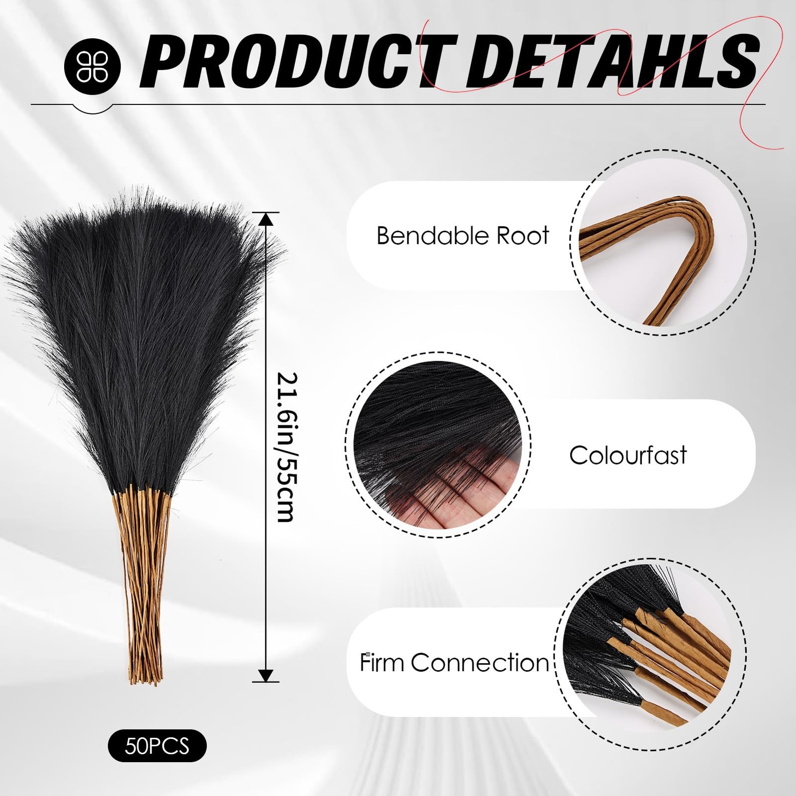 Black Pampas Grass Faux NonShedding Gothic Home Wedding Decor 21.6 In 50 PCS